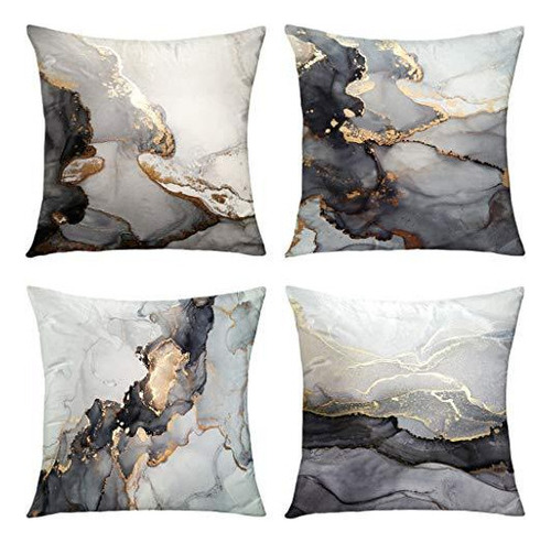 4 Fundas De Almohada Jaspeadas En Oro Negro Y Plata, 45 X 45
