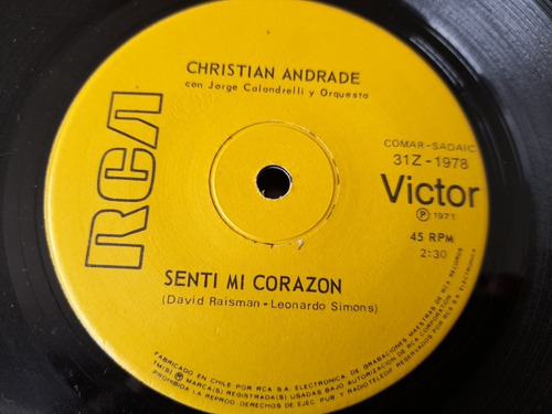 Vinilo Single De Christian Andrade Senti Mi Corazón (x134)