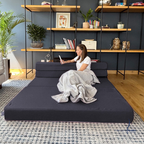 Sofá Cama Matrimonial Cozy Plegable + Cobija Gris Fleece Azul Marino Liso