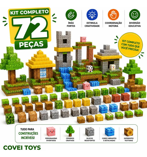 Kit 72 Blocos Magnéticos Construção Imã Montar Empilhamento Cubo Infantil Brinquedo Educativo Covei Toys