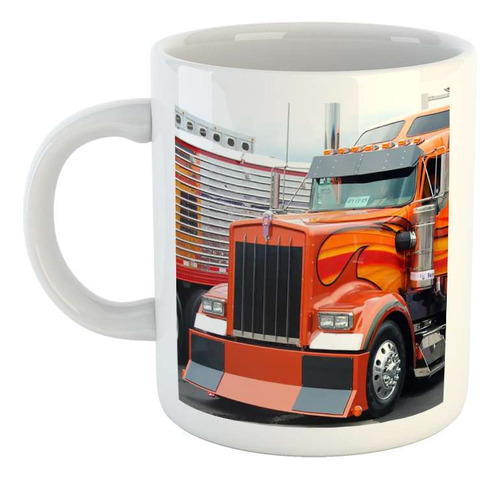 Taza Ceramica Camion Naranja Tuneado Con Llamas Truck