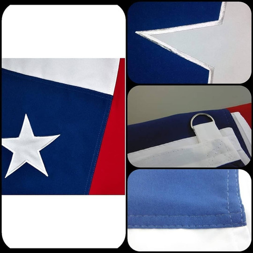 Bandera Chilena 30x55 Estrella Bordada Argollas Cromadas