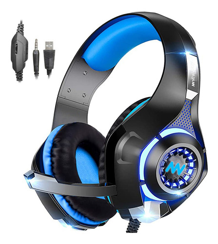 Imagen 2 de 5 de Auriculares Gamer Newvision Nw400 Negro Y Azul Con Luz Led
