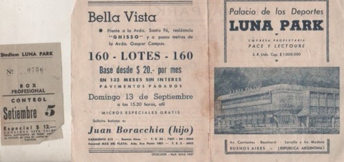 Antiguo Programa Y Entrada Del ** Luna Park ** Año 1953 (Usado)