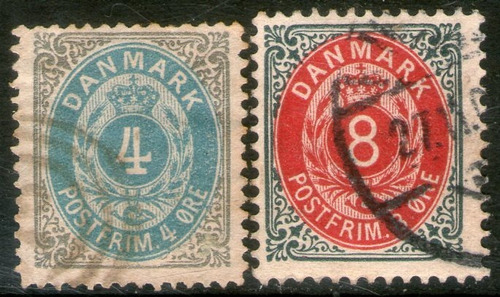 Dinamarca Serie X 2 Sellos Usados Cifras Años 1875-1903 