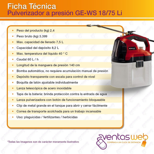 Imagen 5 de 6 de Fumigador Inalambrico 7,5 Lts Einhell + Carg Y Bateria 18v