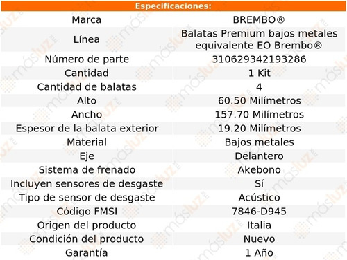 Balatas Bajos Metales Del Grand Cherokee L6 4.0l 04 Brembo
