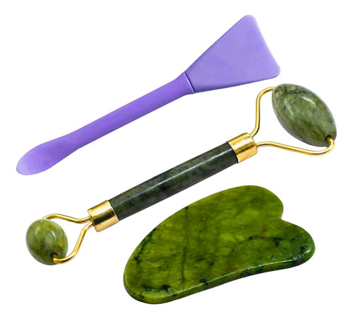Set De Cuidado Facial Diler 3pzs Con Rodillo Para Masaje Piedra Gua Sha Y Espátula De Silicón Color Morado 2 En 1 Reutilizable Fácil De Usar Y Apto Para Todo Tipo De Piel Ideal Para Skincare Diario