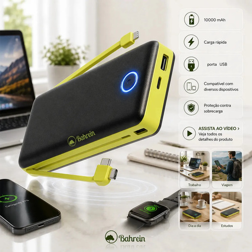 Power Bank 10000mah Carregador Portátil Turbo Rápido Universal Celular - Melhor Carregador Portátil Compatível Com iPhone Notebook Relógios Android Mac Ios Samsung Apple 10000mah - Marca Bahrein