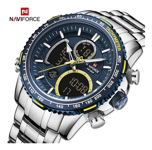 Relógio Naviforce Nf9182 Prata Militar Aço Luxo Masculino Cor do fundo Prateado/Azul