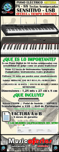 Imagen 4 de 5 de Piano Eléctrico Artesia Pa88w 88 Teclas + Pedal + Cuotas