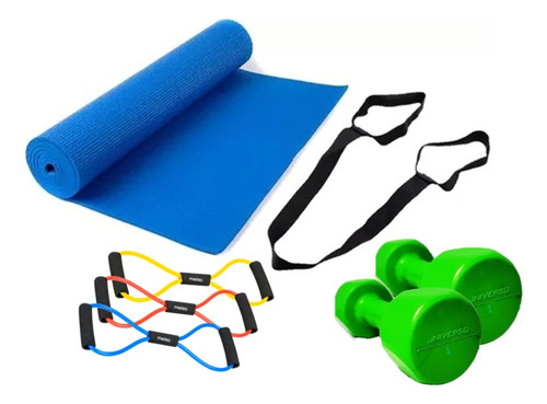 Combo Mat Yoga 4 Mm + Mancuernas Pvc 1kg Fitness Gym