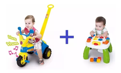 Kit Triciclo Velotrol Infantil Blue Music +Motoca Blue Music