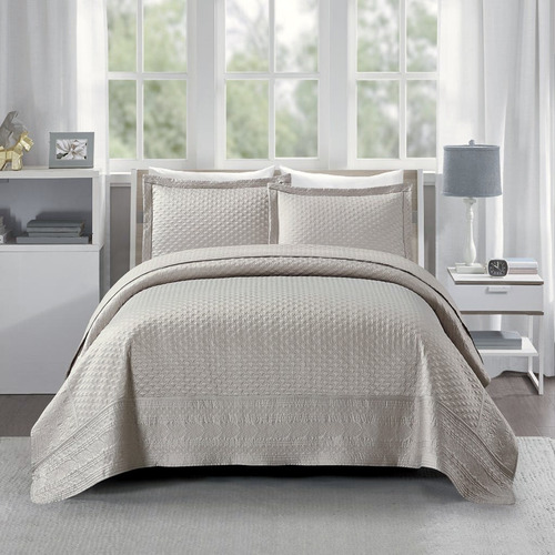 Imagen 2 de 6 de Cubrecama Bordado Importado + 2 Fundas - Vancouver King Gris