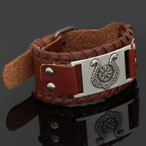 Pulsera Brazalete Cuero Dragón Vikingo Nórdico Runas Hombre