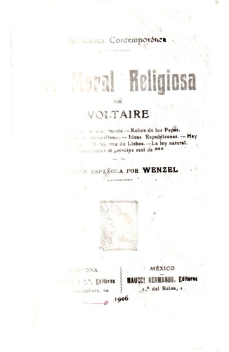 La Moral Religiosa Voltaire Libro Antiguo De 1906