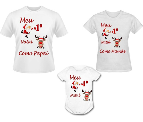 Kit 2 Camisetas Estampa + 1 Body Meu Primeiro Natal Familia | Frete grátis