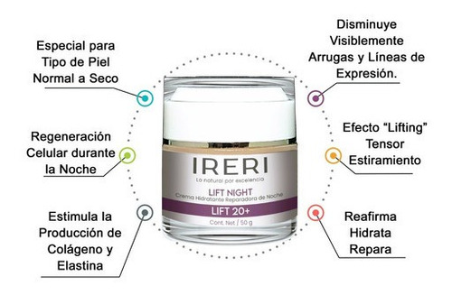 Imagen 2 de 9 de Crema Facial Reafirmante De Noche Efecto Lifting Hidratante Reparadora Antiedad Para Temprana Edad 20+ Cutis Normal A Seco Línea Lift 20+ Ireri ®