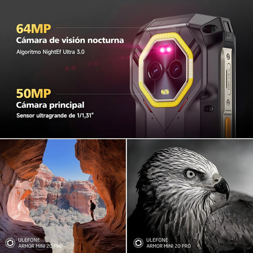 Ulefone Armor Mini 20 Pro 4,7 pulgadas 5G Dual SIM robusto luz LED versátil Android 14 6200 mAh 16 GB de RAM 256 GB Rom Visión Nocturna De 64 MP 33 W