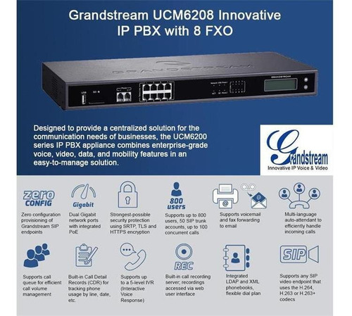 Imagen 3 de 5 de Central Ip Pbx Grandstream Ucm6208 8 Fxo 2 Fxs 100 Llamadas