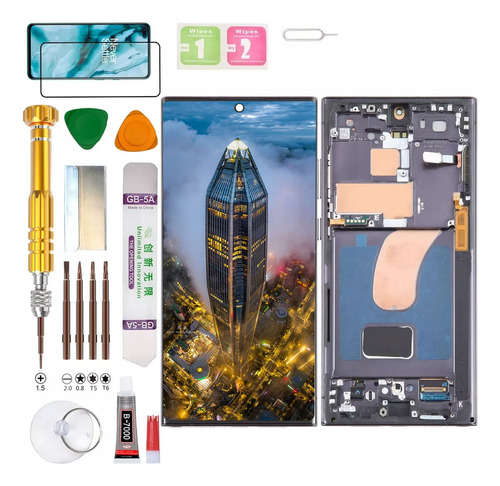 (Negro) Pantalla Para Samsung S23 Ultra 5G S918B S918U S918U1 Galaxy SM-S918B/DS Display Con Macro (Incell Sin Huella Dactilar)