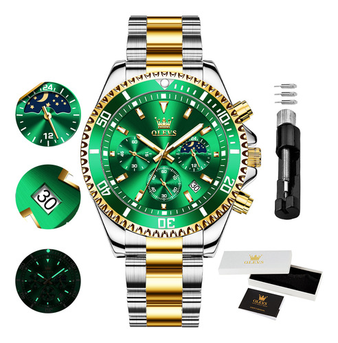 Reloj De Cuarzo Para Hombre Cronógrafo Luminoso Regalos Dorado Dorado Dorado/verde