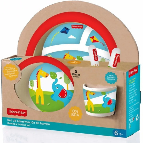 Set Comida Bebe Plato Vaso Cubiertos Fisher Price Bambú 5pz