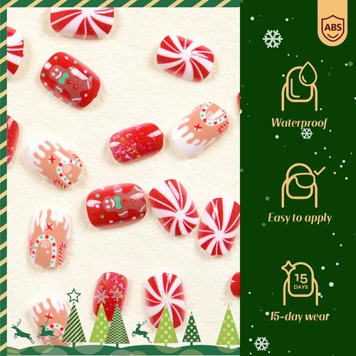 Uñas Postizas Cortas A Presión De Navidad, Uñas Postizas Cua