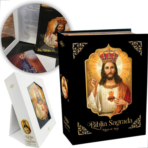 Bíblia Sagrada Com Capa Almofadada Dura Edição De Luxo Premium Moderna Grande Marcador De Fita Com Suporte Igreja Batismo Casamento Selebração +40 Orações Imagem 3d