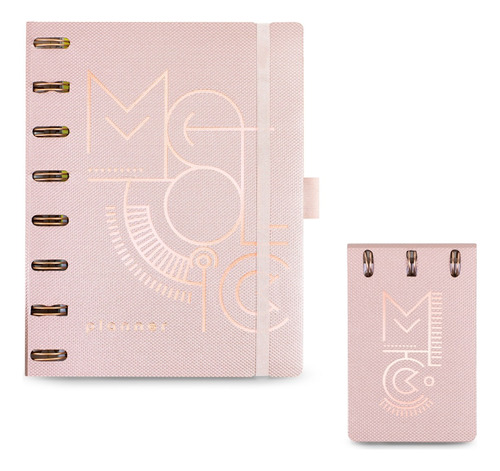 Planner Ótima Mettalic Rosa Maxi + Bloco Notas + 1 Refil