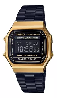 Reloj pulsera Casio Vintage A168 de cuerpo color dorado, digital, fondo negro, con correa de acero inoxidable color negro, dial gris, minutero/segundero gris, bisel color dorado y hebilla de gancho