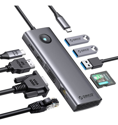 Hub de leitor de cartão HDMI USB tipo C 9 em 1 4k Vga Rj45 100w