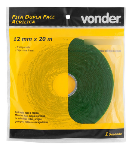 Fita Dupla Face Transparente Acrílica 12mmx20 Metros Vonder
