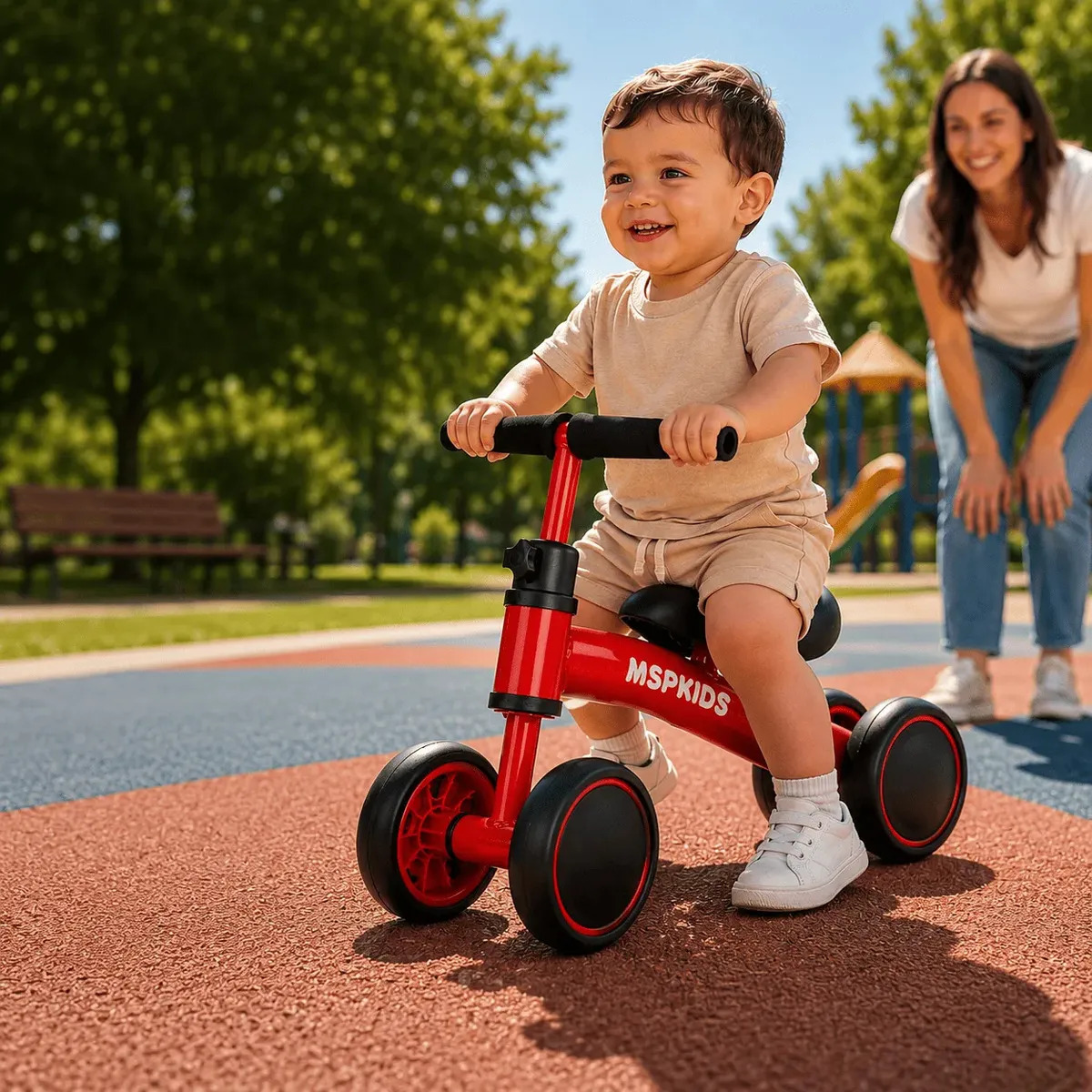 Bicicleta Bebê 4 Rodas Sem Pedal MSP Kids Vermelha, Bicicleta de Equilíbrio Infantil com 4 Rodas Largas, Estrutura em Aço Carbono, Manoplas Antiderrapantes e Guidão com Ajuste de até 140°