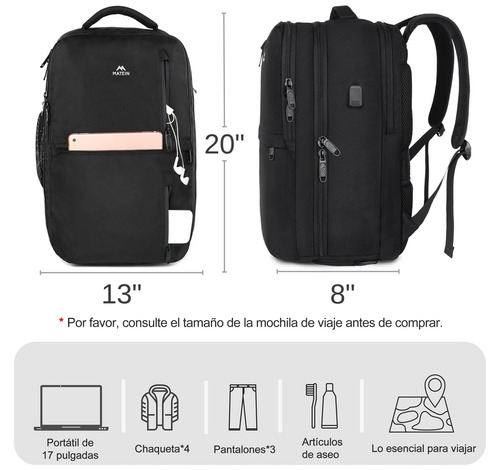 Mochila De Viaje Hombre, Mochila Para Laptop 17 Pulgadas, Impermeable Antirrobo, Mochila De Viaje 10 Kg Avión, 40l Grande Espacio, Mejor Para Negocios Color Negro