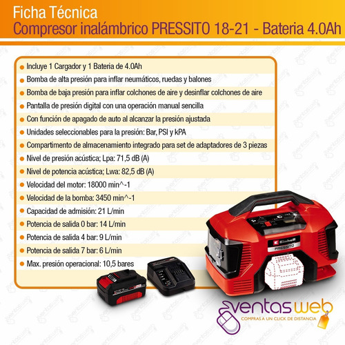 Imagen 7 de 8 de Mini Compresor Inalambrico 18v Einhell + Kit Bateria 4 Amp