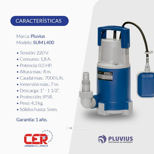 Bomba Desagote Sumergible Pluvius Sum L400 400w Agua Limpia