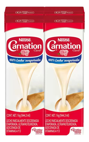 Leche Evaporada Carnation Clavel Nestlé 4 Pzas De 944.3 Ml 