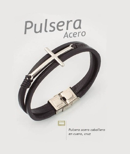 Imagen 2 de 2 de Pulsera Acero Caballero En Cuero, Diseño Cruz