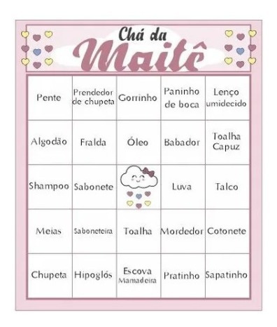 100 Cartelas Bingo Chá Bebê Coração Personalizado- Por Email