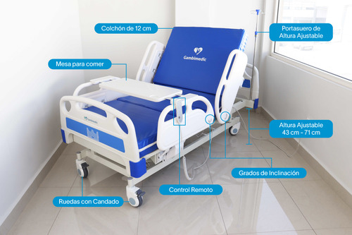 Gambimedic Cama Hospitalaria Electrica 4 Posiciones Funciones Elevacion Espalda Reposapiernas Altura Ajustable 43cm Hasta 71cm Con Control Remoto Incluye Colchon 12cm Portasuero Mesa Para Comer
