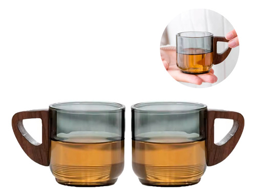 Tazas Cafe Expreso Cristal Mango Madera 100 Ml Set 2 Piezas