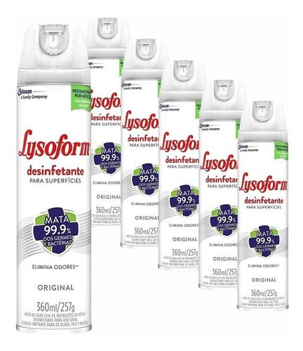 Kit 6 Desinfetante Lysoform Elimina Odores Original 360ml