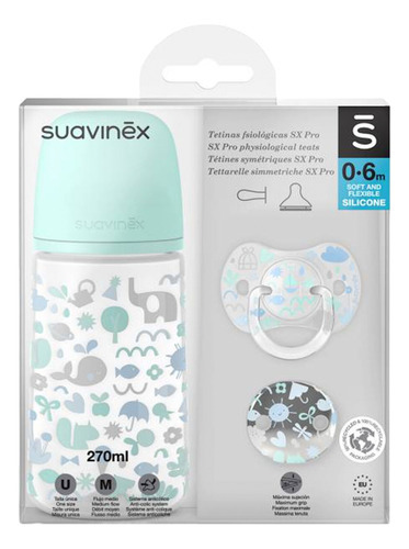 Set Biberon 9oz/270ml +chupon 0-6m +clip Memories Suavinex Color Azul Set Memories 0-6 Meses