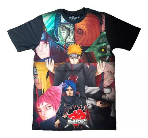 Camisetas Naruto 12 modelos disponíveis tecido 100% algodão fio 30.1, Preta  com símbolo da AKATSUKI.