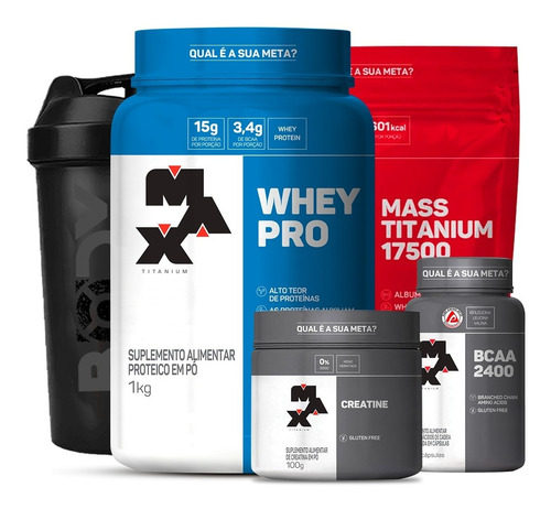 Whey Protein 1kg + Mass 17.500 + Bcaa + Creatina + Shaker