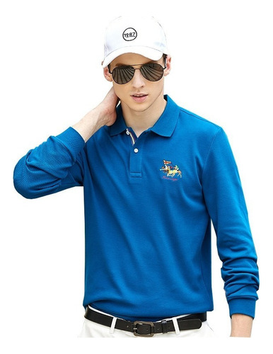 Polo Camisas 100% Algodón Bordado Manga Larga Para Hombres