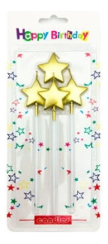 Vela Estrella Metalizada Dorada Con Palito 15cm X 4 Unidades