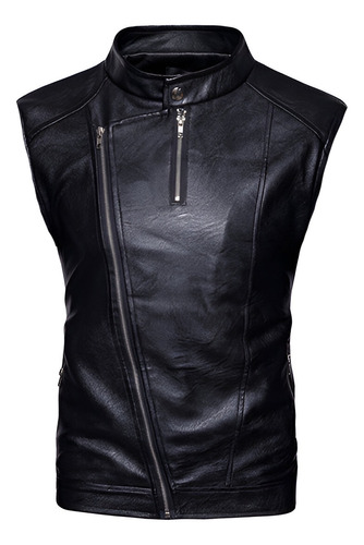 Chaleco Rockero De Piel Hombre Biker Cuello Alto Cinta Dc3