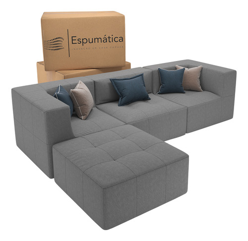 Sofá Modular Na Caixa 3 Lugares Living Sala Boucle Cor Cinza - 2 Braços E Chaise Lado Esquerdo Ou Direito, Design Moderno E Aconchegante